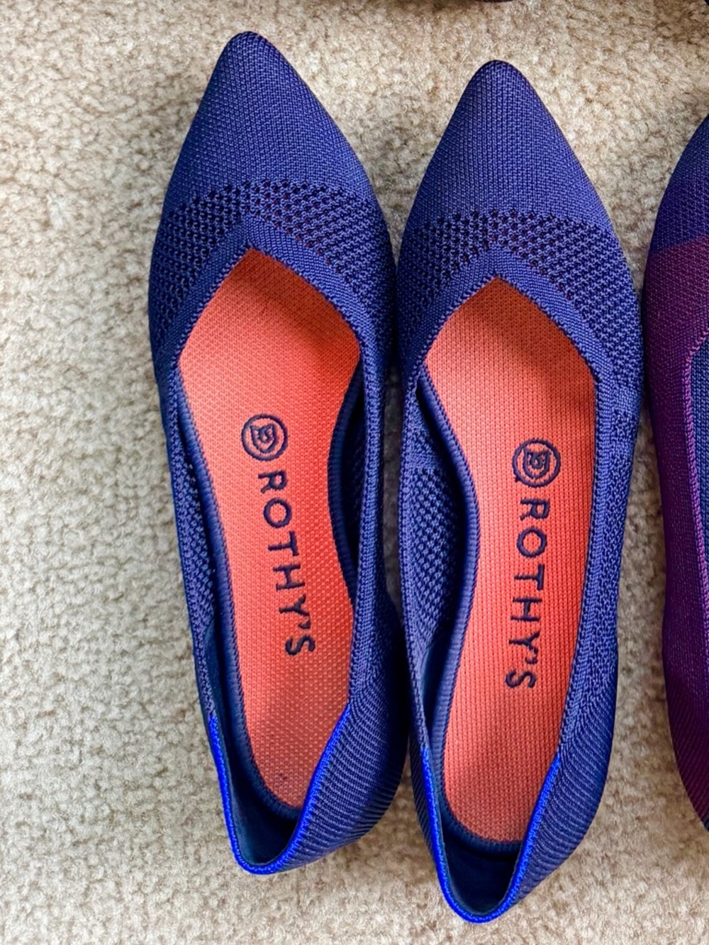 Rothy's Pointed Knit Lattice Flats in Deep Blue with Orange Insole